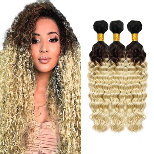 Creuost Deep Wave Bundles Human Hair Extensions Echthaar haarspangen damen Menschliches Haar Brazilian Virgin Hair Weave Double Weft 1b/4/613 Ombre Blonde 3 Bundles Total 300g 10 12 14 Inch von Creuost
