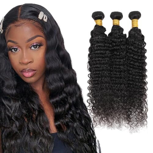 Creuost Deep Wave Bundles Human Hair Extensions Echthaar haarspangen damen Menschliches Haar Brazilian Virgin Hair Weave Double Weft 1b Natural Black 3 Bundles Total 300g 12 14 16 Inch von Creuost