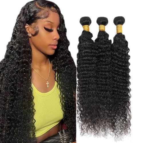 Creuost Deep Wave Bundles Human Hair Extensions Echthaar haarspangen damen Menschliches Haar Brazilian Virgin Hair Weave Double Weft 1b Natural Black 3 Bundles Total 300g 14 16 18 Inch von Creuost