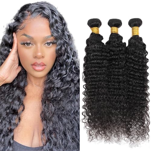 Creuost Deep Wave Bundles Human Hair Extensions Echthaar haarspangen damen Menschliches Haar Brazilian Virgin Hair Weave Double Weft 1b Natural Black 3 Bundles Total 300g 16 18 20 Inch von Creuost