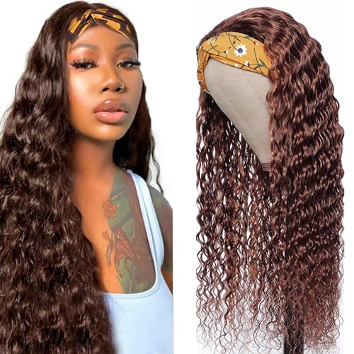 Creuost Deep Wave HeadBand Wig Human Hair Wig menschliches Haar Unprocessed Brazilian Virgin Hair #4 Chocolate Brown 150% Dichte Natürliche brasilianische Perücken For Women 24 Zoll von Creuost