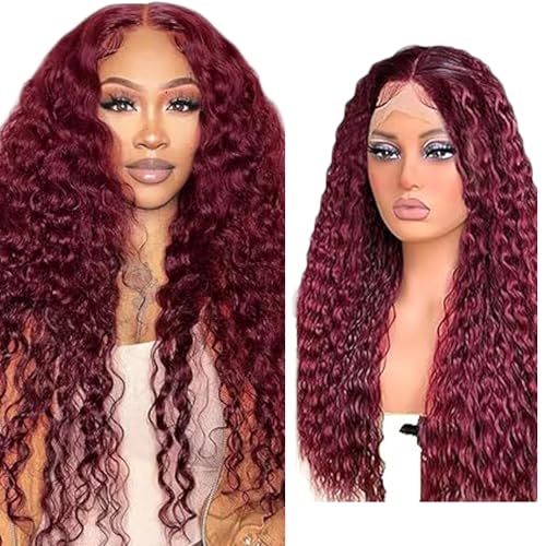 Creuost Echthaar Perücke 4x4 Transparente Spitze vorne 150% Dichte Deep Wave Lace Front Human Hair Wig Perücke Brazilian Virgin Hair No Tangle No Shedding For Women #99J Burgundy 22 Inch von Creuost