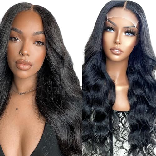Creuost Echthaar Perücke 4x4 Transparente Spitze vorne Body Wave Lace Front Human Hair Wig Perücke Brazilian Virgin Hair No Tangle No Shedding For Women 1B Natural Black 12 Inch von Creuost