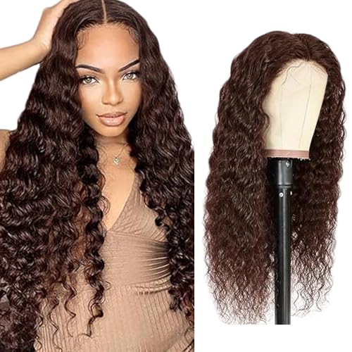Creuost Echthaar Perücke 4x4 Transparente Spitze vorne Deep Wave Lace Front Human Hair Wig Perücke Brazilian Virgin Hair No Tangle No Shedding For Women #4 Chocolate Brown 22 Inch von Creuost