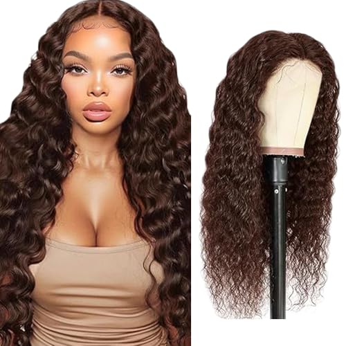 Creuost Echthaar Perücke 4x4 Transparente Spitze vorne Deep Wave Lace Front Human Hair Wig Perücke Brazilian Virgin Hair No Tangle No Shedding For Women #4 Chocolate Brown 30 Inch von Creuost