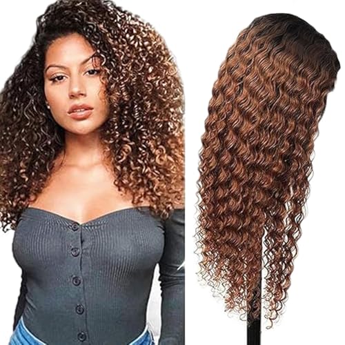 Creuost Echthaar Perücke 4x4 Transparente Spitze vorne Kinky Curly Lace Front Human Hair Wig Perücke Brazilian Virgin Hair No Tangle No Shedding For Women 1B/30 Ombre Brown 14 Inch von Creuost