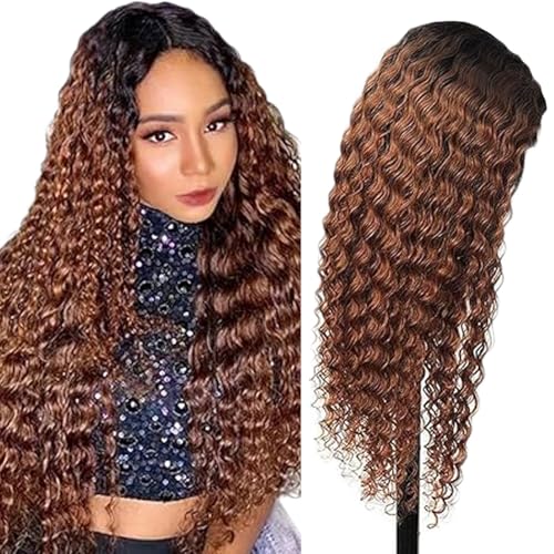 Creuost Echthaar Perücke 4x4 Transparente Spitze vorne Kinky Curly Lace Front Human Hair Wig Perücke Brazilian Virgin Hair No Tangle No Shedding For Women 1B/30 Ombre Brown 22 Inch von Creuost