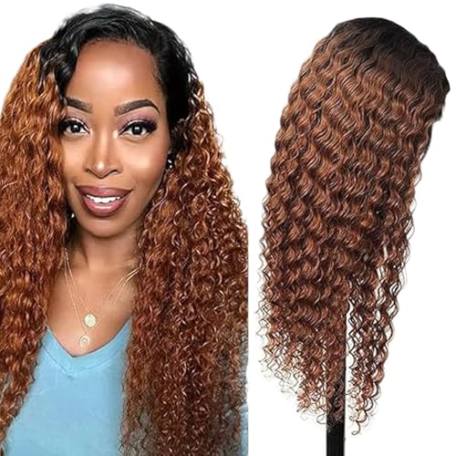Creuost Echthaar Perücke 4x4 Transparente Spitze vorne Kinky Curly Lace Front Human Hair Wig Perücke Brazilian Virgin Hair No Tangle No Shedding For Women 1B/30 Ombre Brown 30 Inch von Creuost