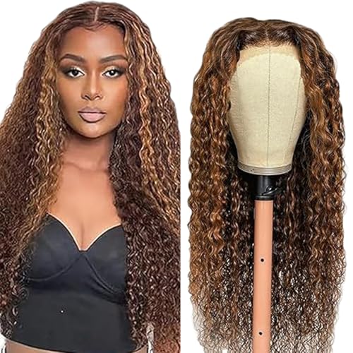 Creuost Echthaar Perücke 4x4 Transparente Spitze vorne Kinky Curly Lace Front Human Hair Wig Perücke Brazilian Virgin Hair No Tangle No Shedding For Women p4/30 Highlight Brown 16 Inch von Creuost