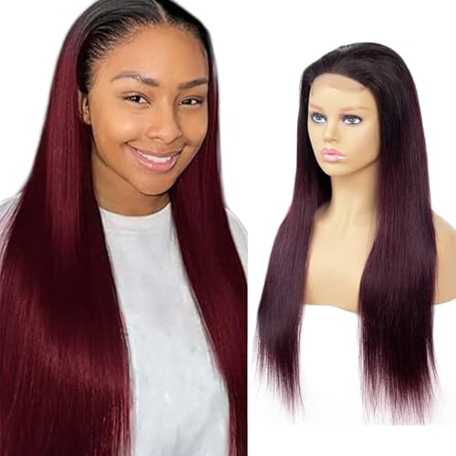 Creuost Echthaar Perücke 4x4 Transparente Spitze vorne Straight Lace Front Human Hair Wig Perücke Brazilian Virgin Hair No Tangle No Shedding For Women #1B99J Ombre Burgundy 14 Inch von Creuost