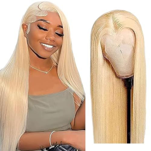 Creuost Echthaar Perücke 4x4 Transparente Spitze vorne Straight Lace Front Human Hair Wig Perücke Brazilian Virgin Hair No Tangle No Shedding For Women #613 Light Blonde 14 Inch von Creuost