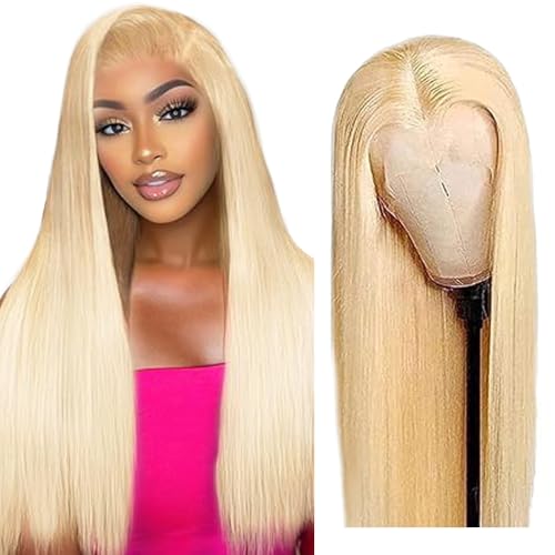 Creuost Echthaar Perücke 4x4 Transparente Spitze vorne Straight Lace Front Human Hair Wig Perücke Brazilian Virgin Hair No Tangle No Shedding For Women #613 Light Blonde 22 Inch von Creuost
