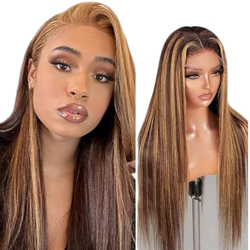 Creuost Echthaar Perücke 4x4 Transparente Spitze vorne Straight Lace Front Human Hair Wig Perücke Brazilian Virgin Hair No Tangle No Shedding For Women P4/27 Highlight Blonde Brown 18 Inch von Creuost