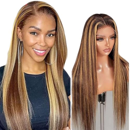 Creuost Echthaar Perücke 4x4 Transparente Spitze vorne Straight Lace Front Human Hair Wig Perücke Brazilian Virgin Hair No Tangle No Shedding For Women P4/27 Highlight Blonde Brown 30 Inch von Creuost