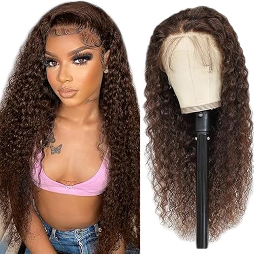 Creuost Echthaar Perücke 4x4 Transparente Spitze vorne Water Wave Lace Front Human Hair Wig Perücke Brazilian Virgin Hair No Tangle No Shedding For Women #4 Chocolate Brown 30 Inch von Creuost