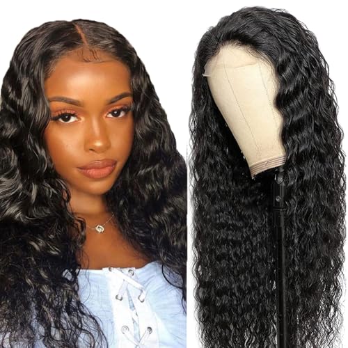 Creuost Echthaar Perücke Frauen 4x1 Transparente Spitze vorne 150% Dichte Deep Wave Wig Brazilian Virgin Lace Frontal Human Hair Wig Pre Plucked With Baby Hair 1B Natural Black 20 Inch von Creuost