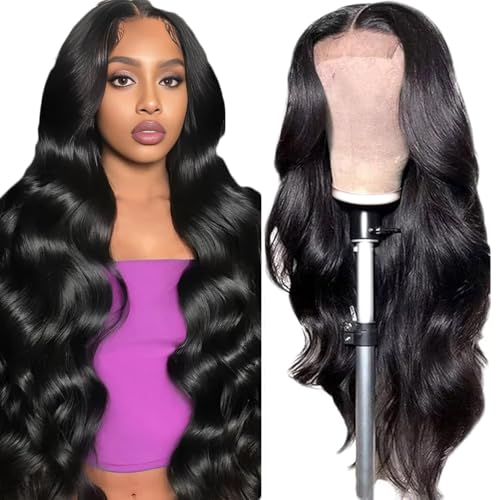 Creuost Echthaar Perücke Schwarz Frauen 4x1 Transparente Spitze vorne 150% Dichte Body Wave Wig Brazilian Virgin Human Hair Wig #1B Natural Color Lace Front Wig Human Hair For Women 34 Inch von Creuost