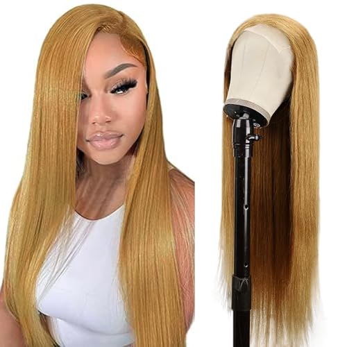 Creuost Echthaar Perücke Straight 4X1 Swiss Spitze Lace Frontal Human Hair Wig haarspangen damen Unprocessed Brazilian Virgin Hair Pre Plucked With Natural Hairline #27 Honey Blonde 20 Inch von Creuost
