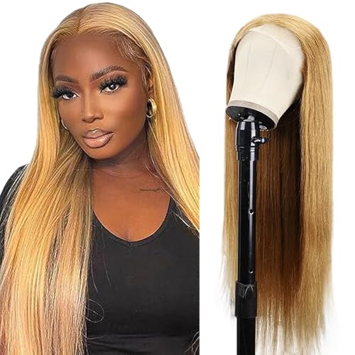 Creuost Echthaar Perücke Straight 4x4 Swiss Spitze Lace Frontal Human Hair Wig haarspangen damen Unprocessed Brazilian Virgin Hair Pre Plucked With Natural Hairline #27 Honey Blonde 16 Inch von Creuost
