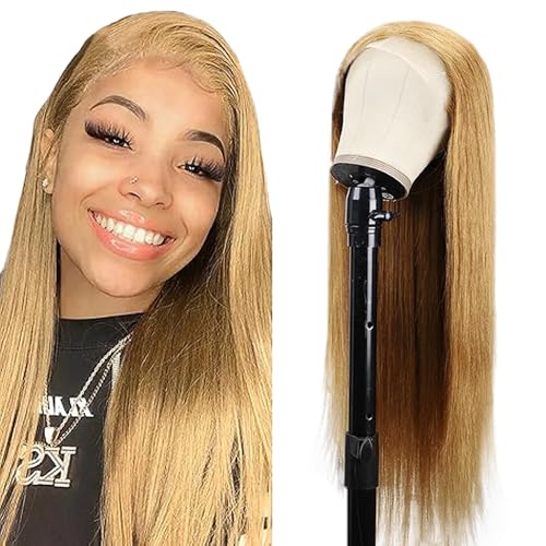 Creuost Echthaar Perücke Straight 4x4 Swiss Spitze Lace Frontal Human Hair Wig haarspangen damen Unprocessed Brazilian Virgin Hair Pre Plucked With Natural Hairline #27 Honey Blonde 22 Zoll von Creuost