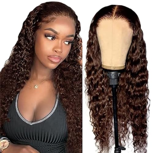 Creuost Kinky Curly 4X1 Lace Frontal Human Hair Wig Swiss Spitze Echthaar Perücke haarspangen damen Unprocessed Brazilian Virgin Hair Pre Plucked Natural Hairline #4 Chocolate Brown 20 Inch von Creuost