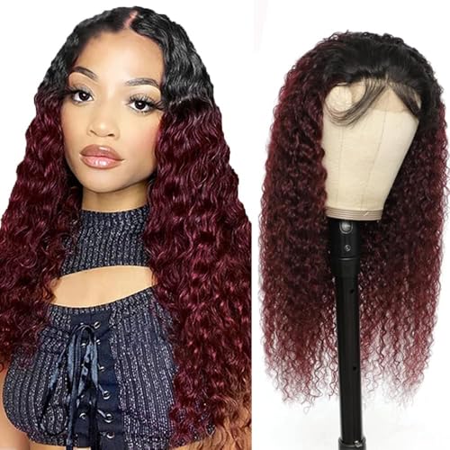Creuost Kinky Curly 4x4 Lace Frontal Human Hair Wig Swiss Spitze Echthaar Perücke haarspangen damen Brazilian Virgin Hair Pre Plucked Natural Hairline 1b/99j Black Root Ombre Burgundy 20 Inch von Creuost