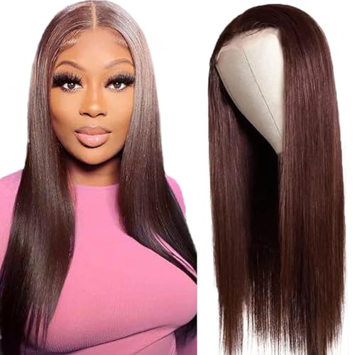 Creuost Straight 4X1 Lace Frontal Human Hair Wig Swiss Spitze Echthaar Perücke haarspangen damen Unprocessed Brazilian Virgin Hair Pre Plucked With Natural Hairline #4 Chocolate Brown 16 Inch von Creuost