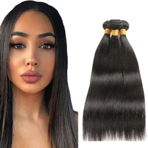 Creuost Straight Bundles Human Hair Extensions Echthaar haarspangen damen Menschliches Haar Brazilian Virgin Hair Weave Double Weft 1b Natural Black 3 Bundles Total 300g 12 14 16 Inch von Creuost