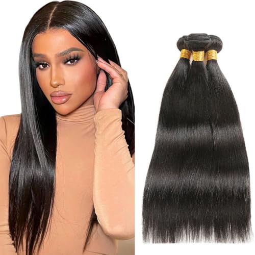 Creuost Straight Bundles Human Hair Extensions Echthaar haarspangen damen Menschliches Haar Brazilian Virgin Hair Weave Double Weft 1b Natural Black 3 Bundles Total 300g 16 18 20 Inch von Creuost