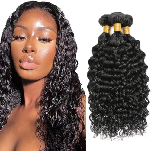 Creuost Water Wave Bundles Human Hair Extensions Echthaar haarspangen damen Menschliches Haar Brazilian Virgin Hair Weave Double Weft 1b Natural Black 3 Bundles Total 300g 12 14 16 Inch von Creuost