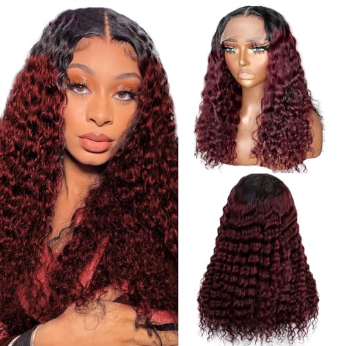 Echthaar Perücke Frauen 4x4 Transparente Spitze vorne 150% Dichte Kinky Curly Wig Brazilian Virgin Human Hair Wig 1b/99j Burgundy Wig 4x4 Lace Front Wig Human Hair 24 inch von Creuost