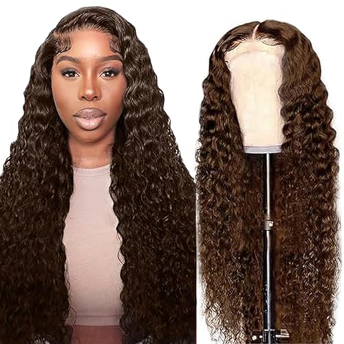Echthaar Perücke Schwarz Frauen 4x1 Transparente Spitze vorne 150% Dichte Kinky Curly Wig Brazilian Virgin Human Hair Wig #4 Chocolate Brown Lace Front Wig Human Hair 24 inch von Creuost