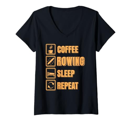 Damen Kaffee Rudern Schlafen Wiederholen Sport Routine T-Shirt mit V-Ausschnitt Damen Kaffee Rudern Schlafen Wiederholen Sport Routine T-Shirt mit V-Ausschnitt von Crew Disziplin Training Lebensstil Wasserfan