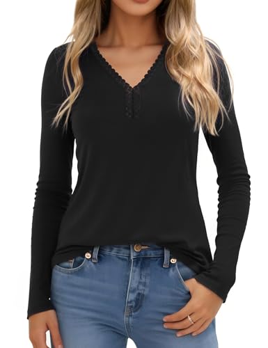 Crewhpo Damen Oberteile Thermo Basic Shirt Warm mit V-Ausschnitt Leicht Thermooberteile Lockerer Langarm Thermo Unterhemd Stretch T-Shirt Einfarbig für Herbst Winter Schwarz von Crewhpo