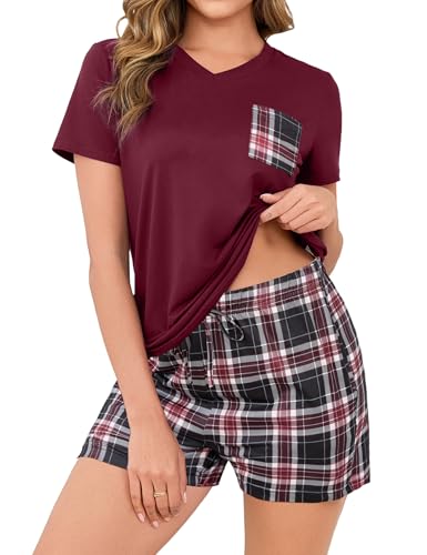 Crewhpo Damen Pyjama Kurz Schlafanzüge Kurzarm Baumwolle Nachtwäsche Zweiteiliger Top Kurzarm und Pyjamashort Karierte Loungewear Set mit V-Ausschnitt Frauen Freizeitanzug von Crewhpo