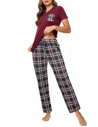 Crewhpo Damen Schlafanzug Karierte Kurzarm Pyjama Baumwolle Zweiteiliger Schlafanzüge Set Nachtwäsche V-Ausschnitt Nachthemd mit Lang Pyjamahose Hausanzug Sleepwear von Crewhpo