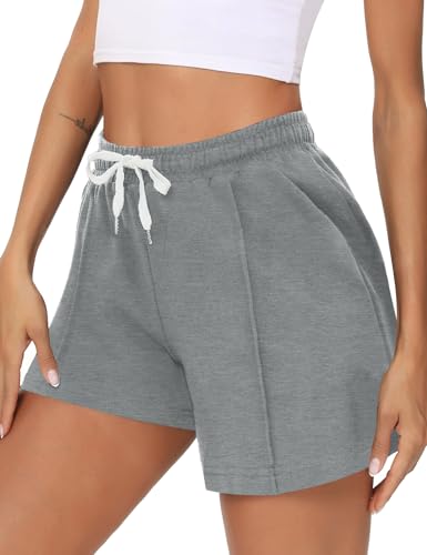Crewhpo Damen Shorts Baumwolle Kurze Hose Sommer mit Taschen Sportshorts Einfarbige High Waist Sporthose Jogginghose Kurz Locker Trainingshose Laufshorts Elastischer Bund Hellgrau L von Crewhpo