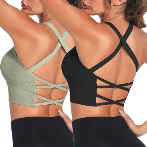 Crewhpo Damen Sport BH Gepolstert Bustier Ohne Bügel Rückenfrei für Frauen Push up Sports Bra Cross Back Mit Polstern Nahtlose Bralette für Yoga Fitness Pilates Gym S-XL von Crewhpo