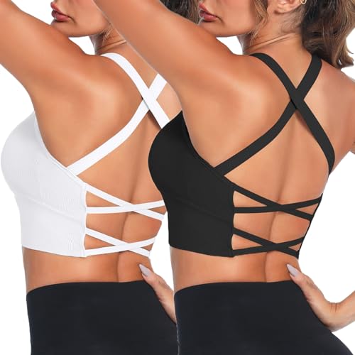 Crewhpo Damen Sport BH Gepolstert Bustier Ohne Bügel Rückenfrei für Frauen Push up Sports Bra Cross Back Mit Polstern Nahtlose Bralette für Yoga Fitness Pilates Gym S-XL von Crewhpo