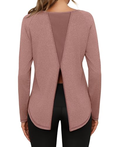 Crewhpo Damen Sportshirt Langarm Gym Top Sportoberteil Rundhals Langarmshirt UPF 50+ UV T Shirt Back Mesh Funktionsshirt Leicht Laufshirt Trainingsshirt Wandershirt von Crewhpo