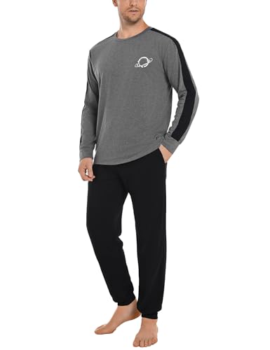 Crewhpo Herren Schlafanzug Baumwolle Lang Pyjama mit Rundhalsausschnitt Schlafanzüge Männer mit Bedruckter Zweiteiliger Nachtwäsche Set Langarm Loungewear Freizeitanzug Winter S-XXL von Crewhpo