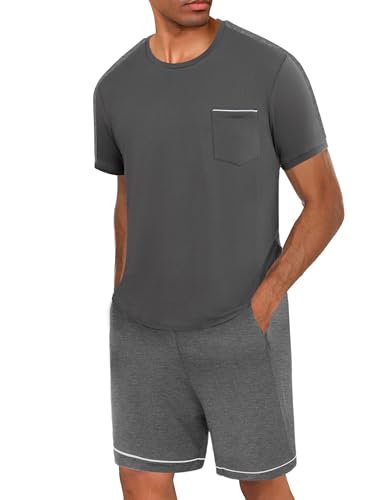 Crewhpo Herren Schlafanzug Set Kurz Kurzarm Pyjama für Sommer Zweiteilige Nachtwäsche aus Baumwolle Rundhals Kurzer Sleepwear Hausanzug Freizeitanzug mit DREI Taschen von Crewhpo
