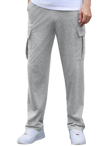 Crewhpo Jogginghose Herren Baumwolle Hose Lang Freizeithose Atmungsaktiv Trainingshose Männer Weites Bein Baggy Sporthose Laufhose Sweathose für Fitness mit Taschen und Kodelzug Hellgrau S von Crewhpo