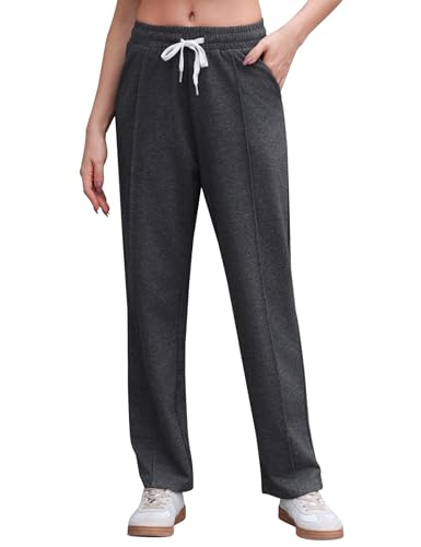 Crewhpo Jogginghose Damen Baumwolle Lang Sporthose Freizeithose Trainingshose mit Taschen Yogahose Geradem Bein Hose mit Kordelzug Relaxhose für Yoga Fitness Casual Dunkelgrau XXL von Crewhpo