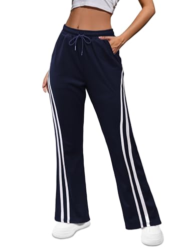 Crewhpo Jogginghose Damen Lang mit Streifen Schlaghosen High Waist Freizeithose mit Weitem Bein Sporthose Trainingshose Sweatpants Lounge Hose für Frauen für Jogging Sport Yoga Gym S-XXL von Crewhpo