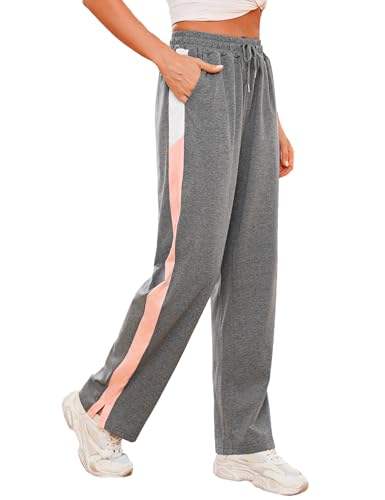 Crewhpo Jogginghose Damen Sporthose Lang mit Taschen Freizeithose Baumwolle Trainingshose Kontrastfarben für Frauen Gerade Hose mit Kordelzug für Sport Freizeit Gym von Crewhpo
