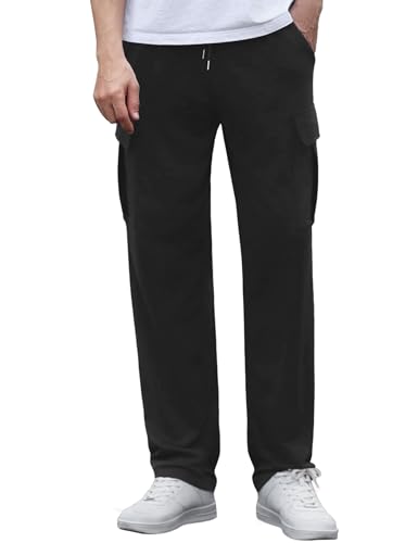Crewhpo Jogginghose Herren Lang Freizeithose Baumwolle Atmungsaktiv Trainingshose Männer Weites Bein Sporthose Laufhose Sweathose Baggy für Fitness mit Taschen und Kodelzug Schwarz M von Crewhpo
