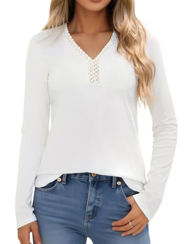 Crewhpo Langarmshirt Damen Baumwolle Top Basic mit Spitzenausschnitt Oberteile Thermo Einfarbiges mit V-AusschnittLongsleeve Langarm Blusen Elegant Shirt Weißes von Crewhpo