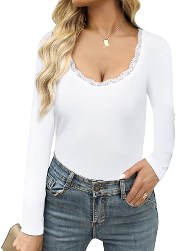 Crewhpo Langarmshirt Damen V-Ausschnitt Top Mit Tiefem Ausschnitt Spitze Basic Oberteile Einfarbiges Longsleeve Langarm Blusen Weißes von Crewhpo