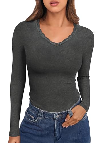 Crewhpo Oberteil Thermo Langarm Damen Langarmshirt mit Spitze V-Ausschnitt T-Shirts Basic für Frauen Einfarbiges Funktionsshirt Thermo Dunkelgrau von Crewhpo
